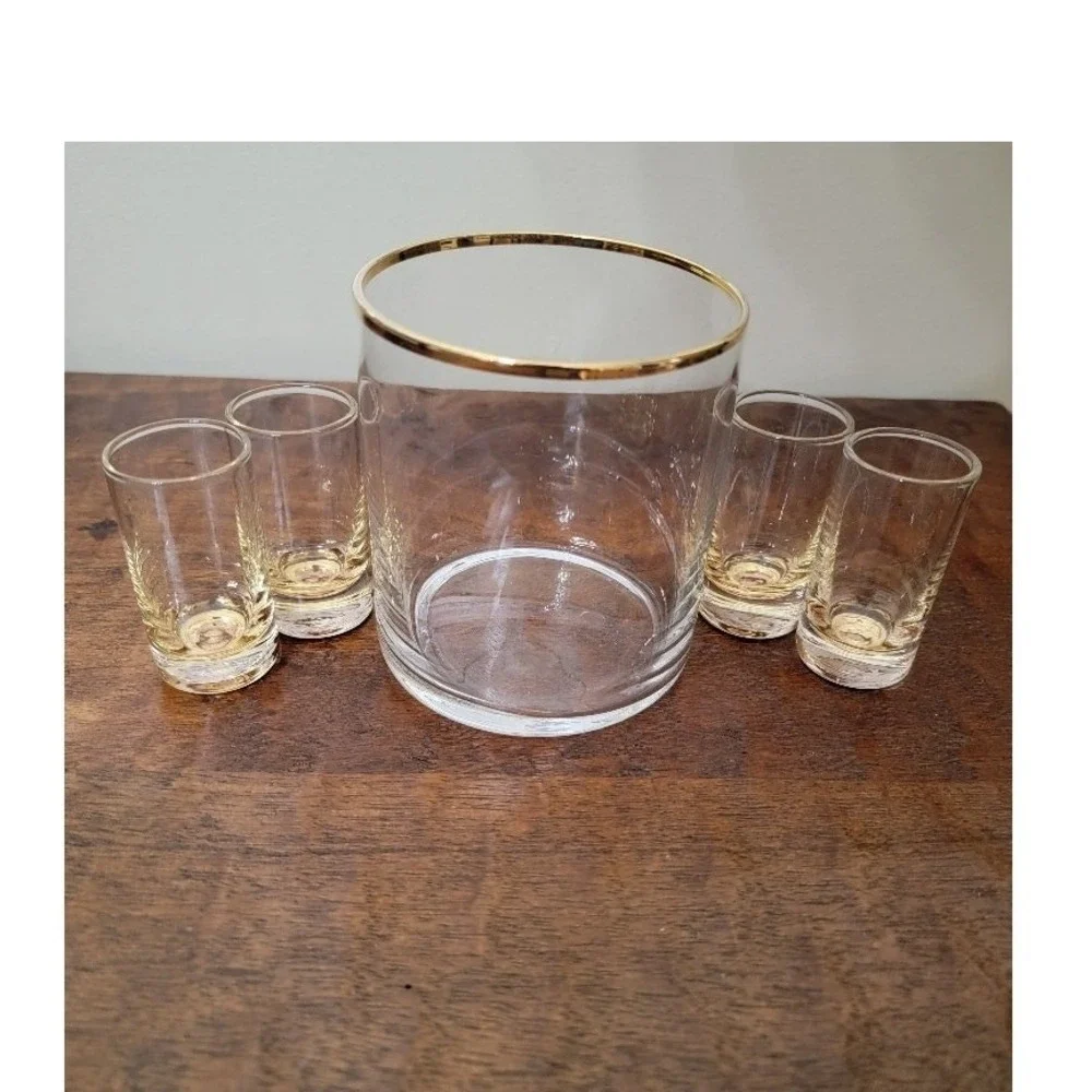 Vintage MCM Shot Glass Set w/ Holder Barware Gold Tone‎ Rim Retro